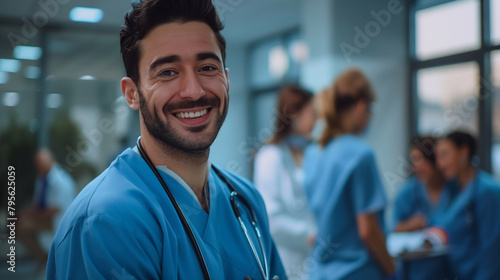 A friendly, young healthcare worker, male nurse smiles in a busy hospital environment, radiating positivity and care. 