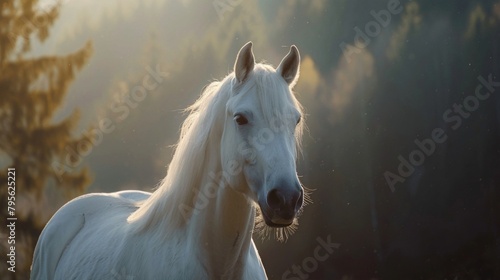 Majestic White Horse in Golden Sunset. Generative AI