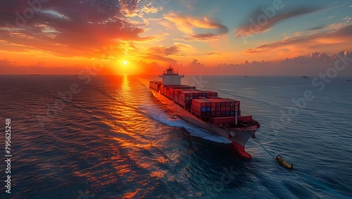 Cargo container ship sailing at sunset ensuring safe distribution of global trade. Concept Global Trade, Cargo Ships, Distribution Networks, Maritime Industry, Sunset Voyage