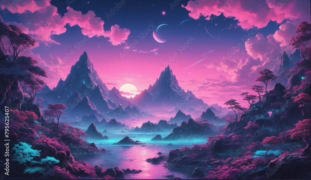 Obraz premium illustration of a landscape with planets, moon and stars