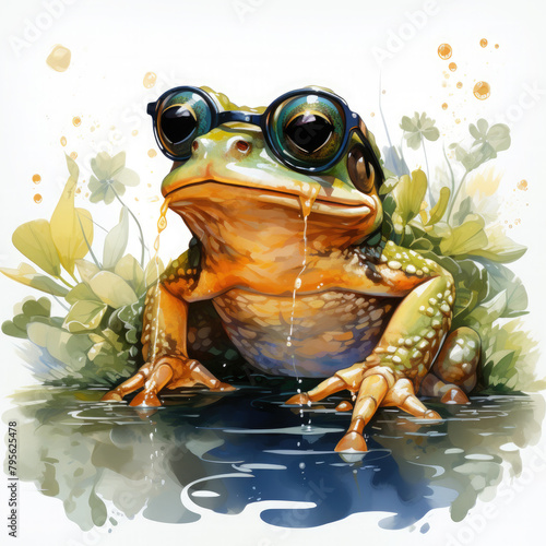 Watercolor frog wearing sunglasses  clipart Illustration  Generative Ai