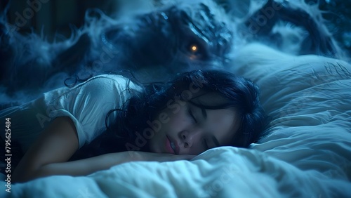 A woman sleeping surrounded by haunting nightmares highlights the importance of mental health. Concept Mental Health, Nightmares, Sleep, Importance, Awareness photo
