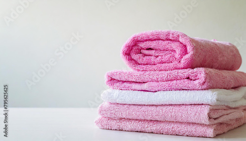 Stack of folded pink towels on table, light wall on background. Home laundry. Housekeeping concept