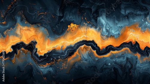   A painting featuring orange and blue swirls against a contrasting black-and-white background, with an accent of these colors observed on the image's left side photo