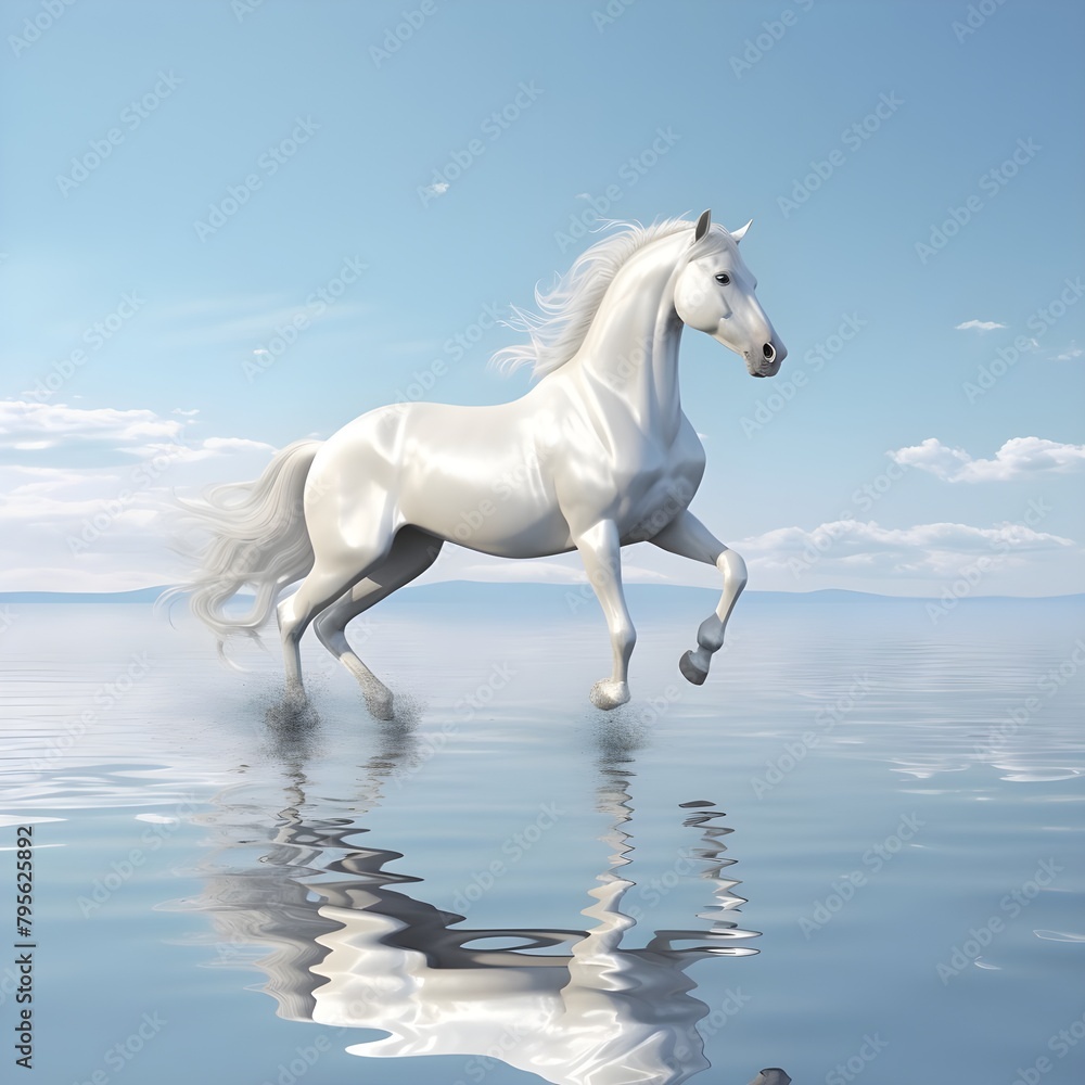 A beautiful amazing white horse runs on the water. Mystical portrait of an elegant stallion. Reflection of a white horse in the water. 3d render A beautiful amazing white horse runs on the water. Mystical portrait of an elegant stallion. Reflection of a white horse in the water. 3d render