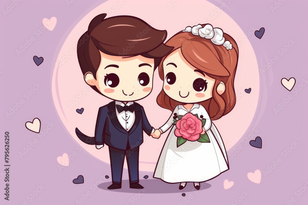 A cartoon image of a bride and groom holding hands. The bride has a rose bouquet. They are standing in front of a purple background with pink hearts. A cartoon image of a bride and groom holding hands. The bride has a rose bouquet. They are standing in front of a purple background with pink hearts.