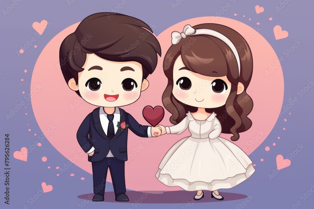 A cartoon image of a man and a woman getting married. The man is wearing a black tuxedo with a red bow tie and the woman is wearing a white wedding dress with a pink bow in her hair. They are standing A cartoon image of a man and a woman getting married. The man is wearing a black tuxedo with a red bow tie and the woman is wearing a white wedding dress with a pink bow in her hair. They are standing