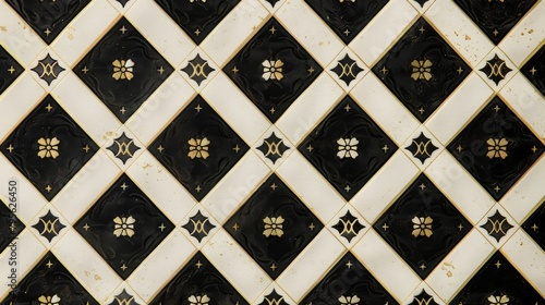 Elegant Geometric Pattern with Golden Floral Motifs on Black Tiles