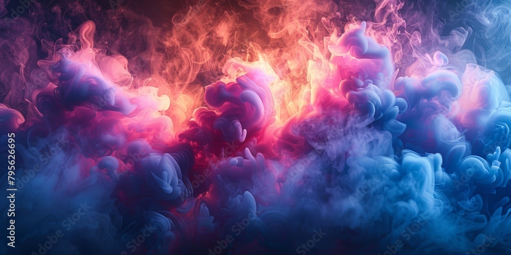Abstract smoke swirls in vibrant hues against a backdrop of mystical clouds and glow