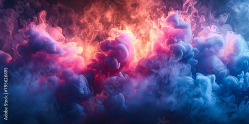 Abstract smoke swirls in vibrant hues against a backdrop of mystical clouds and glow