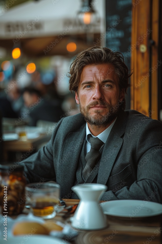 A fashionable adult businessman takes a break, exuding confidence and elegance in a modern cafe setting A fashionable adult businessman takes a break, exuding confidence and elegance in a modern cafe setting