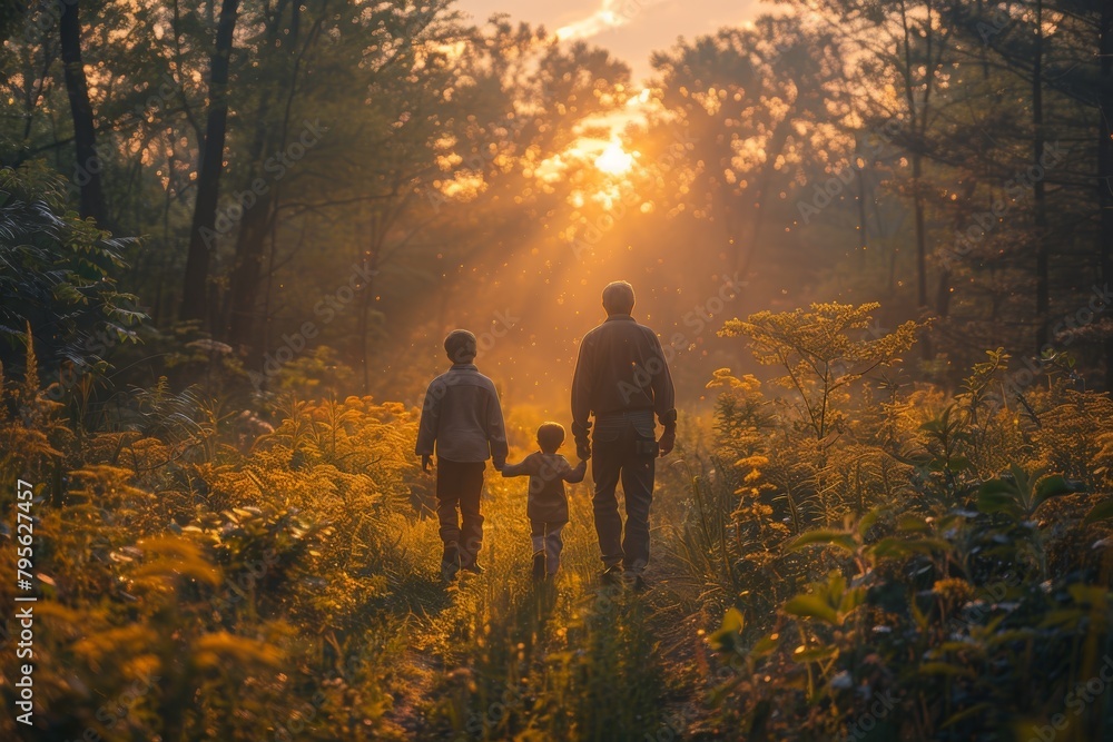 Morning tranquility: three generations walk together, father and son sharing moments with the youngest amidst nature's embrace 