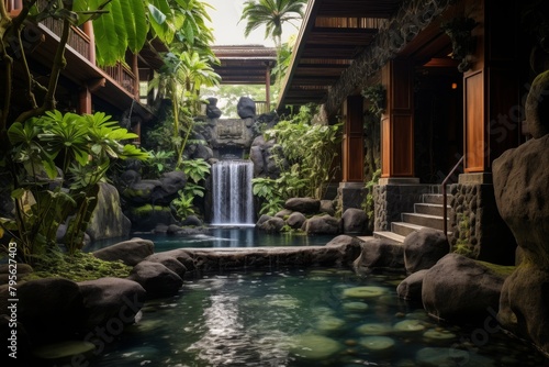 An Opulent Oasis of Tranquility: A Luxurious Spa Retreat Nestled in the Heart of a Lush Tropical Rainforest with Majestic Waterfalls © aicandy