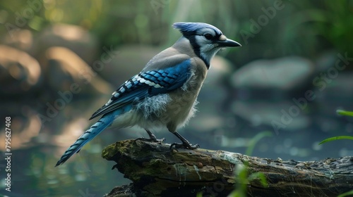 the serene atmosphere of the forest and the striking appearance of the Blue Jay as it sits peacefully on a mossy branch. Generative AI
