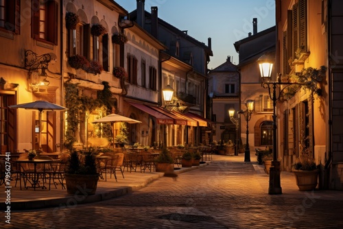 A Quaint Village Square at Dusk, Illuminated by Warm Street Lamps, with Cobblestone Streets and Charming Old Buildings