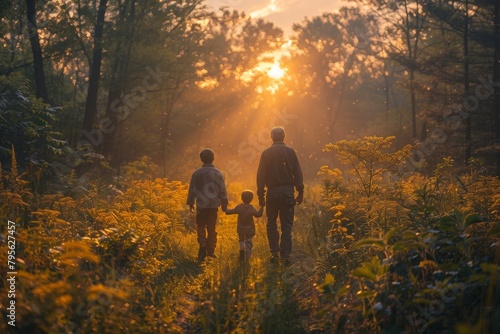 Morning tranquility  three generations walk together  father and son sharing moments with the youngest amidst nature s embrace 