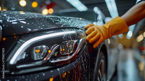 technician applying a paint sealant to a luxury sedan, focusing on the hands-on process and the protective layer being added for a long-lasting, showroom-quality finish photo