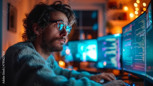 A creative, wide-angle photo of a 30-year-old man sitting in a contemporary apartment in the evening, in his home office in front of a futuristic computer setup with multiple screens showing software 