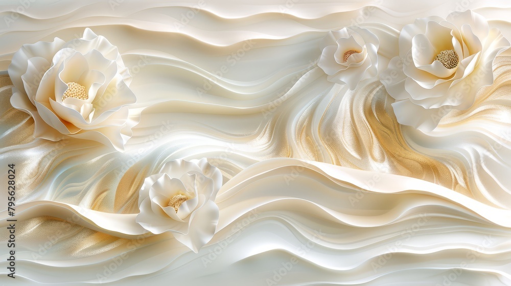 A white flower painted against a pristine white backdrop, featuring gentle wavy lines in the bottom right corner A white flower painted against a pristine white backdrop, featuring gentle wavy lines in the bottom right corner