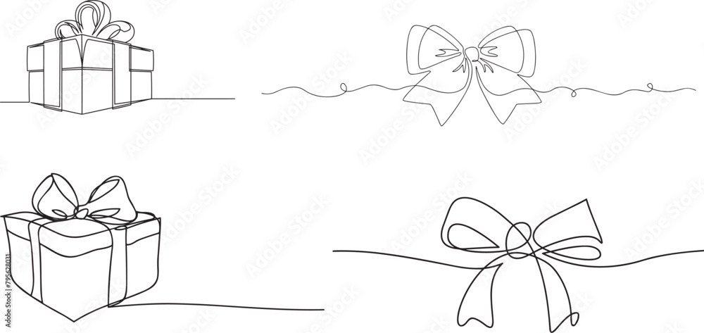 One continuous line drawing of gift ribbon bow. Christmas and birthday present wrap in simple linear style.