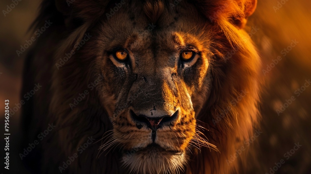 Golden Hour Majesty: A Lion’s Portrait Amidst the Grass. Generative AI