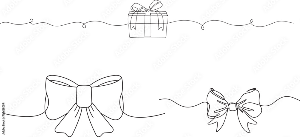One continuous line drawing of gift ribbon bow. Christmas and birthday present wrap in simple linear style.