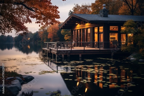 A Serene Evening at a Rustic Boathouse with Rooftop Terrace Overlooking a Tranquil Lake Surrounded by Autumn Foliage