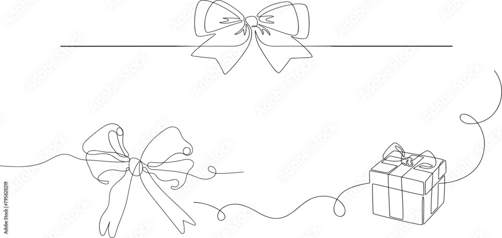 One continuous line drawing of gift ribbon bow. Christmas and birthday present wrap in simple linear style.