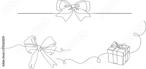 One continuous line drawing of gift ribbon bow. Christmas and birthday present wrap in simple linear style. 