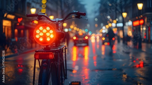 German city street at night with a red warning lamp prohibiting bike movement. Concept Night Photography, Urban Landscape, City Exploration, Traffic Sign, Street Scene photo
