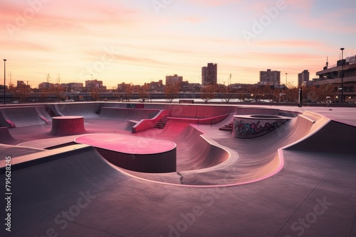 A Vibrant Urban Skate Park at Sunset, with Graffiti-Adorned Ramps, Skaters in Motion, and the City Skyline in the Background photo