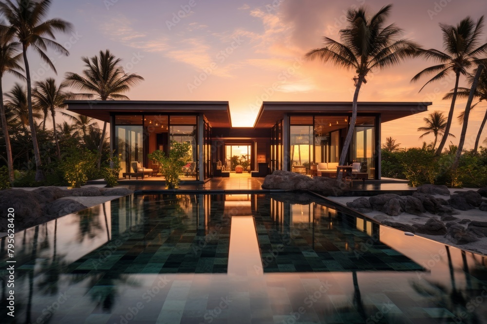 Fototapeta premium A Majestic Collection of Luxurious Oceanfront Villas Bathed in the Golden Glow of a Setting Sun, Nestled Amidst Lush Tropical Foliage