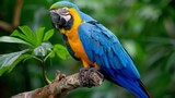   A parrot, colored blue and yellow, perches on a tree branch against a backdrop of a lush, green forest filled with leafy foliage