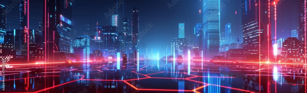 Blue background with red and blue glowing lines, cyberpunk style, data technology concept ark color scheme, cityscape pattern made of hexagons Generative AI