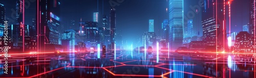 Blue background with red and blue glowing lines  cyberpunk style  data technology concept ark color scheme  cityscape pattern made of hexagons Generative AI