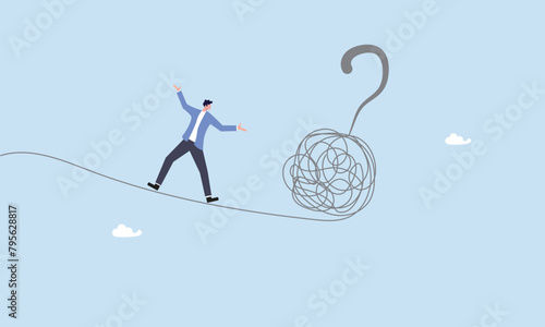 Businessman acrobat rope walking to find question mark, uncertainty, unknown problem, challenge to overcome or investment risk, find out solution for business difficulty, adversity or determination.