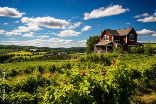 A picturesque view of a hillside berry farm with lush green fields, vibrant red berries, rustic wooden buildings, and a clear blue sky