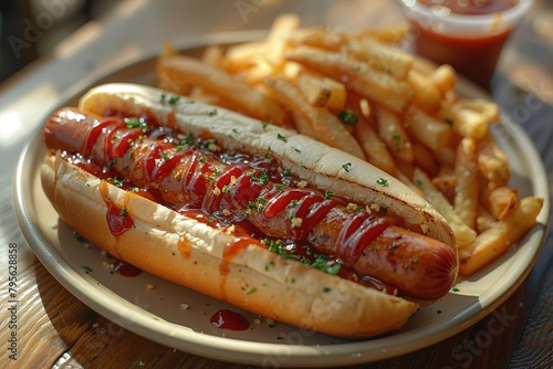 A hot dog with french fries on the side, photographed from above in a restaurant setting.