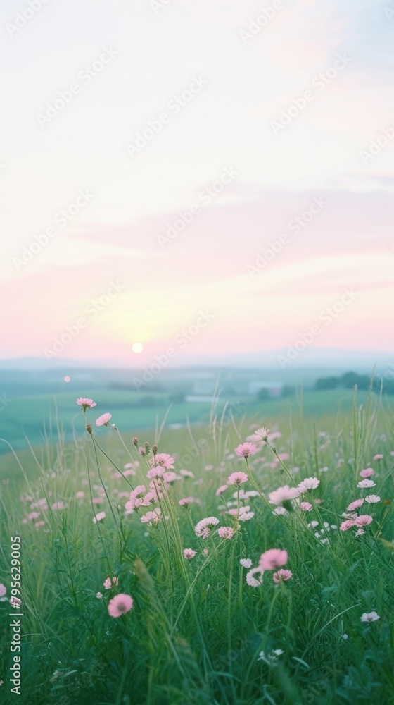 Obraz premium Summer sunset landscape grassland outdoors.