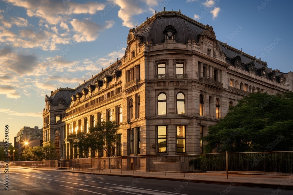 The Historic Land Registry Office Building in Downtown, Illuminated by the Setting Sun, Reflecting the Rich Heritage of the City