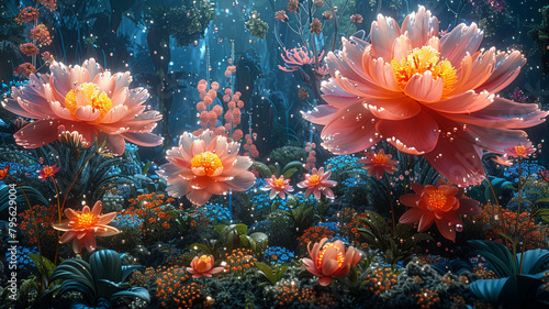 A digital garden blooming with fantastical flowers and plants  each petal and leaf rendered in exquisite detail against a backdrop of shimmering pixels.