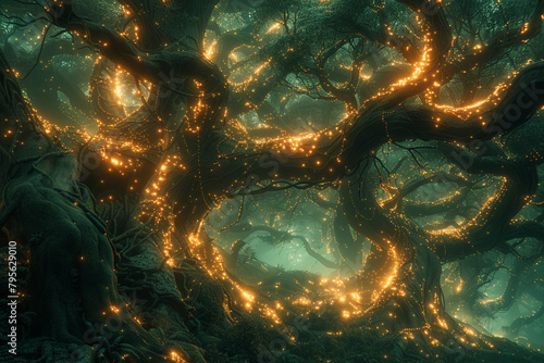 A digital forest of glowing trees and vines  pulsating with energy as if alive with unseen forces.