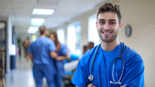 A friendly, young healthcare worker, male nurse smiles in a busy hospital environment, radiating positivity and care. 