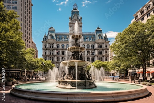 A Vibrant Public Square Bustling with Activity Around a Majestic Water Fountain, Surrounded by Historic Architecture