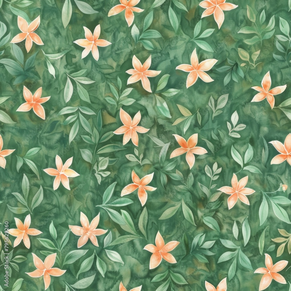 Seamless Floral Pattern with Orange Blossoms on Green Background Seamless Floral Pattern with Orange Blossoms on Green Background