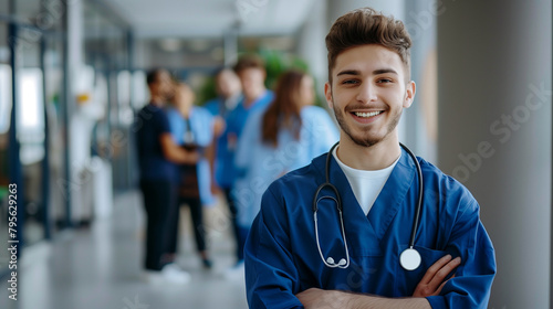 A friendly  young healthcare worker  male nurse smiles in a busy hospital environment  radiating positivity and care.  