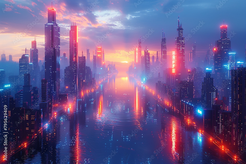 A futuristic cityscape rendered in minimalist style, with sleek skyscrapers and neon lights casting reflections on a shimmering virtual river.