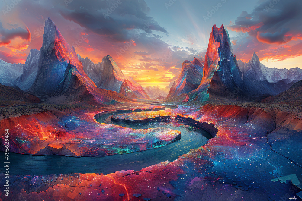 A glitched landscape where reality seems to warp and distort, with pixelated mountains and rivers bending and twisting in an otherworldly display.