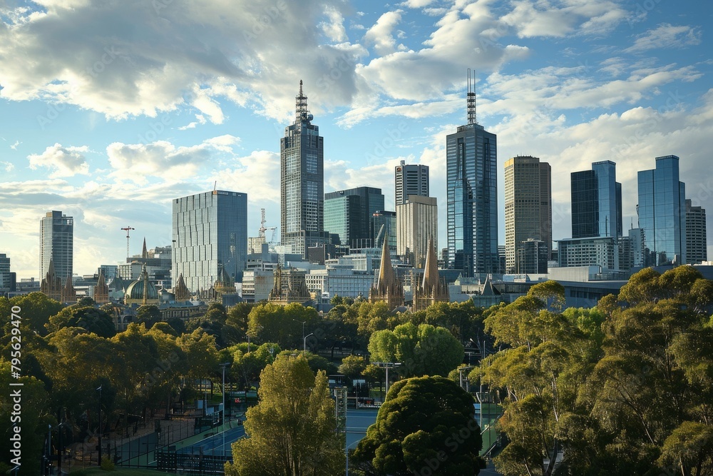 Fototapeta premium Scenery of Melbourne skyline with Australian Open in progress, Ai generated