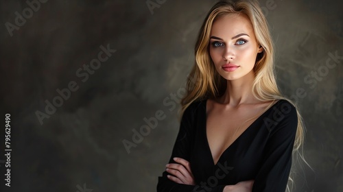 Portrait beautiful blonde businesswoman in black dress posing against grey background. AI generated